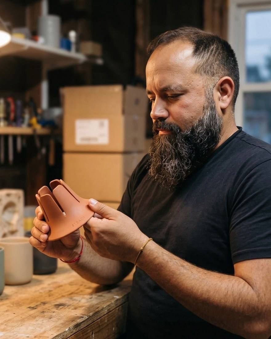 Scott Rodriguez at a workbench, holding a copper Steadi and looking at it, with shipping boxes behind him.