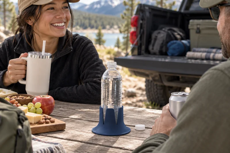 Adult at trail picnic table parked pickup behind with tailgate down gear stowed no drink in moving vehicle. AI lifestyle illustration.