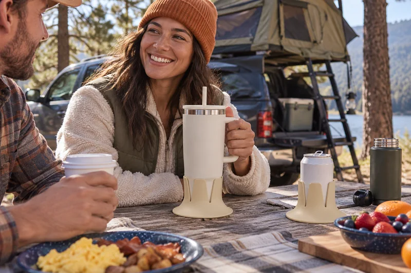 Parked pickup campsite adult seated at camp breakfast table with coffee truck bed tent in background. AI lifestyle illustration.
