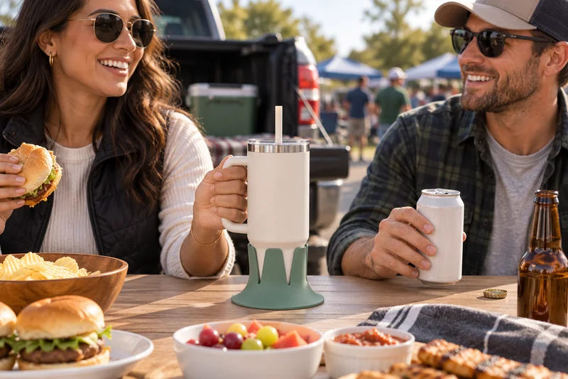 Two adults tailgate lunch at freestanding wide table beside parked truck engine off. AI lifestyle illustration.