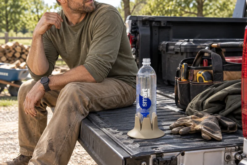 Adult resting on lowered tailgate after outdoor work with uncapped sports-water bottle in Steadi on wide level lowered tailgate with full support, truck parked. AI illustration.